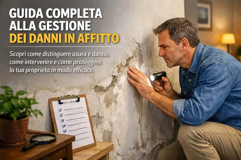 Proprietario che ispeziona con attenzione una parete per valutare eventuali danni in un appartamento